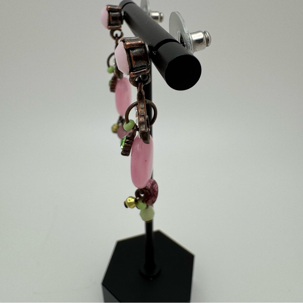 Anthropologie Pink Floral Crystal Drop Earrings Mint Green Statement - Picture 7 of 10